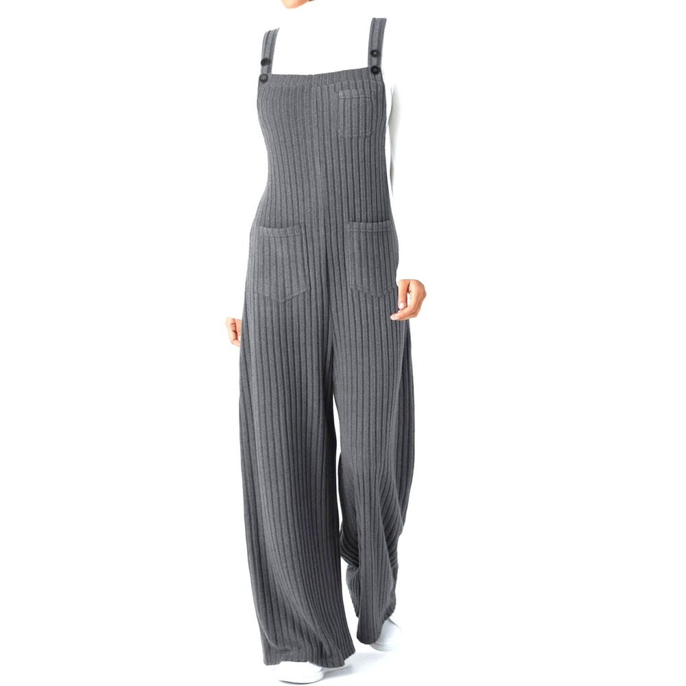 Halara Gray Ribbed‎ Striped Wide Leg Jumpsuit Adjustable Straps XS NEW